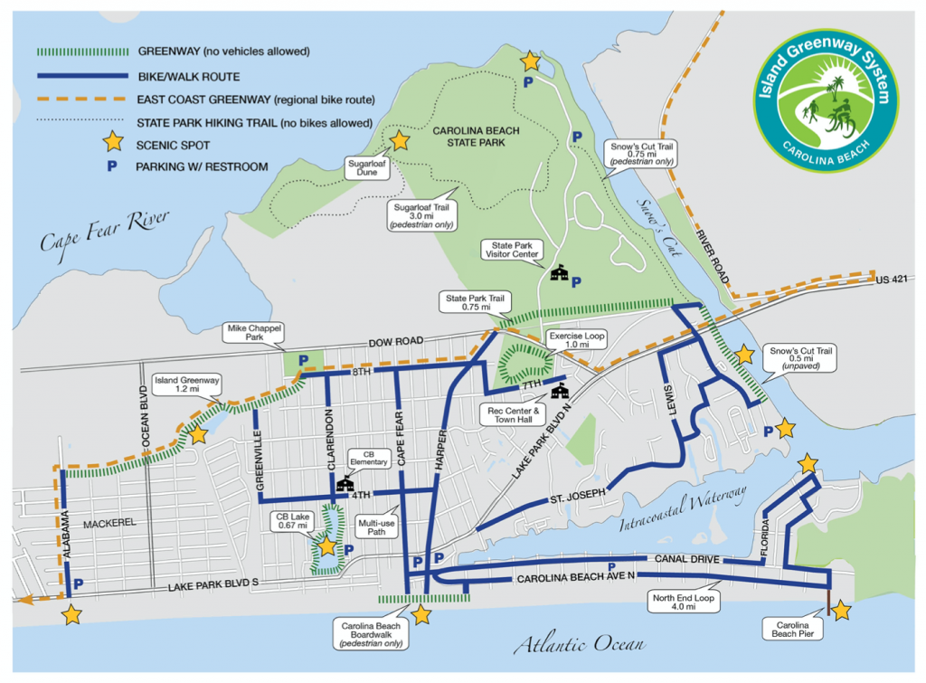 Bike path map of the Island Greenway in Carolina Beach, NC
