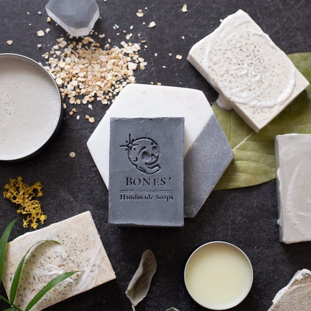 A variety of soaps made by Bones Handmade Soaps.