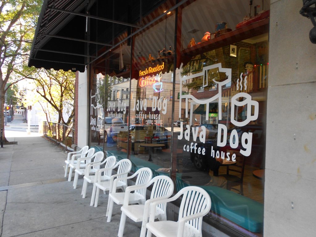 Exterior of Java Dog Coffee House, the perfect place to energize before you spend an afternoon at Wilmington's Cotton Exchange.