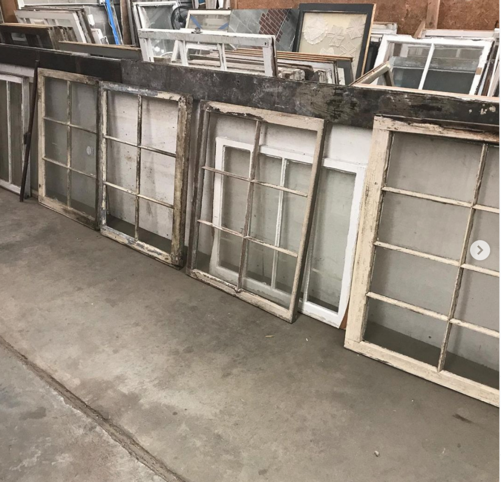 vintage windows at Legacy Architectural Salvage in Wilmington, NC