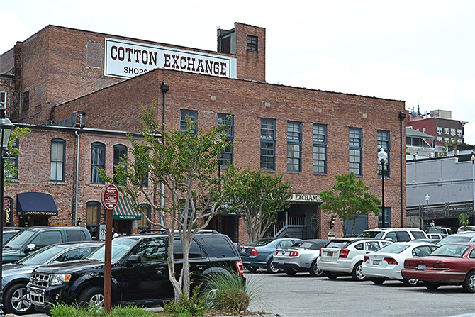 Water Street view of the exterior of the Cotton Exchange